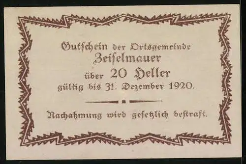 Notgeld Zeiselmauer 1920, 20 Heller, blaues Zackenmuster mit Text und Ornamenten