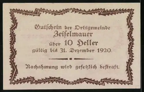 Notgeld Zeiselmauer 1920, 10 Heller, rotes Ornamentmuster, Gültigkeit bis 31. Dezember 1920