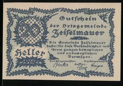 Notgeld Zeiselmauer 1920, 20 Heller, florales Muster, gültig bis 31. Dezember 1920