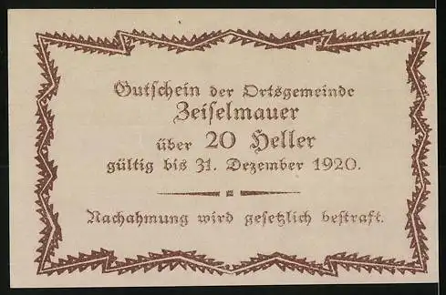 Notgeld Zeiselmauer 1920, 20 Heller, florales Muster, gültig bis 31. Dezember 1920