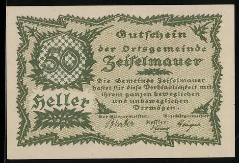 Notgeld Zeiselmauer 1920, 50 Heller, dekorativer Rahmen und Textüberzug, gültig bis 31. Dezember 1920