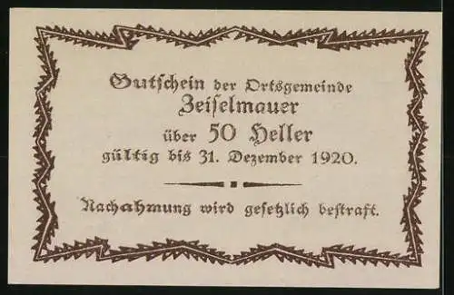 Notgeld Zeiselmauer 1920, 50 Heller, dekorativer Rahmen und Textüberzug, gültig bis 31. Dezember 1920