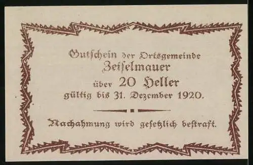 Notgeld Zeiselmauer 1920, 20 Heller, verzierte Rahmen und Schriftzüge