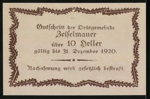 Notgeld Zeiselmauer 1920, 10 Heller, Gutschein mit floralem Rahmenmuster