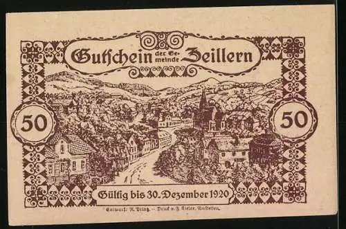 Notgeld Zeillern 1920, 50 Heller, Landschaftsansicht und Adler im Rahmen