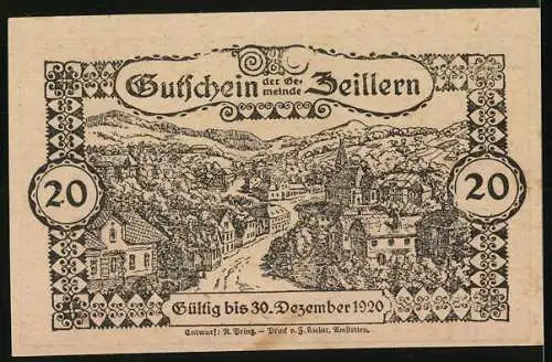 Notgeld Zeillern 1920, 20 Heller, Stadtansicht mit Landschaft und Adler-Motiv