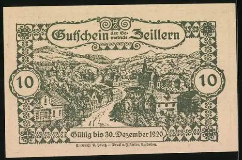 Notgeld Zeillern 1920, 10 Heller, Denkmalszene und Dorflandschaft, gültig bis 30. Dezember 1920