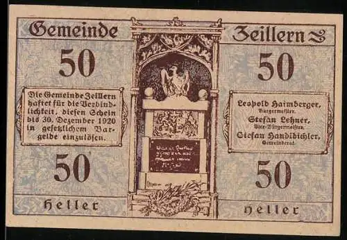 Notgeld Zeillern 1920, 50 Heller, Dorfansicht und Denkmal mit Adler