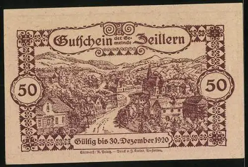 Notgeld Zeillern 1920, 50 Heller, Dorfansicht und Denkmal mit Adler