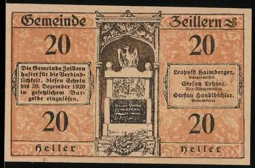 Notgeld Zeillern 1920, 20 Heller, Landschaftsansicht und Adler auf Denkmal