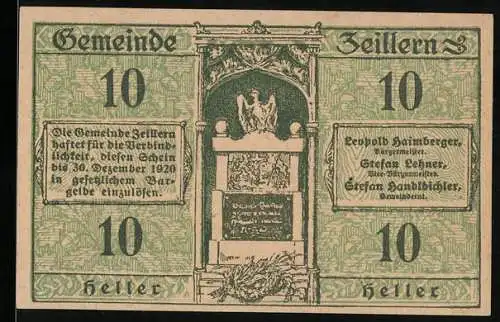 Notgeld Zeillern 1920, 10 Heller, Denkmal und Landschaftsansicht