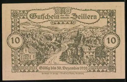 Notgeld Zeillern 1920, 10 Heller, Denkmal und Landschaftsansicht