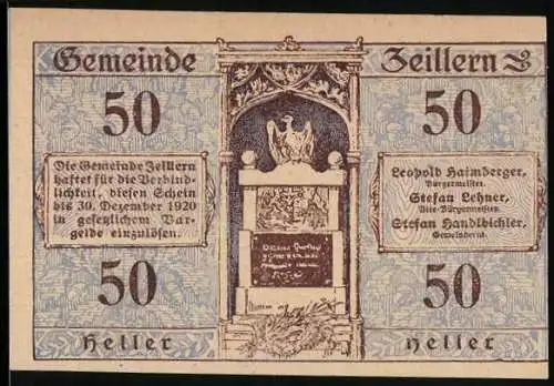 Notgeld Zeillern 1920, 50 Heller, Stadtansicht und Adler auf dem Denkmal