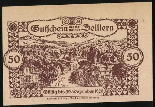 Notgeld Zeillern 1920, 50 Heller, Stadtansicht und Adler auf dem Denkmal