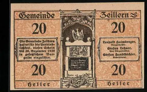 Notgeld Zeillern 1920, 20 Heller, Denkmal mit Adler und Stadtansicht