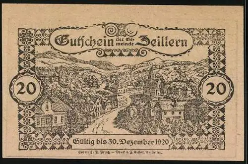 Notgeld Zeillern 1920, 20 Heller, Denkmal mit Adler und Stadtansicht