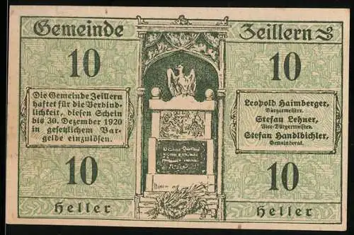 Notgeld Zeillern 1920, 10 Heller, Dorfansicht und Denkmal mit Adler und Inschrift