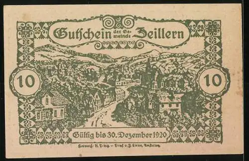 Notgeld Zeillern 1920, 10 Heller, Dorfansicht und Denkmal mit Adler und Inschrift