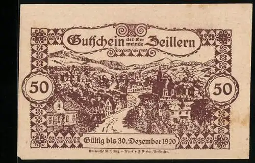 Notgeld Zeillern 1920, 50 Heller, Landschaftspanorama und Denkmal mit Adler