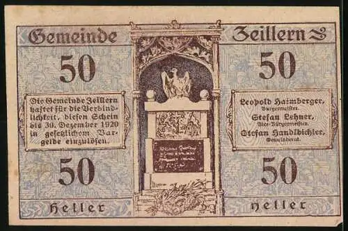 Notgeld Zeillern 1920, 50 Heller, Landschaftspanorama und Denkmal mit Adler