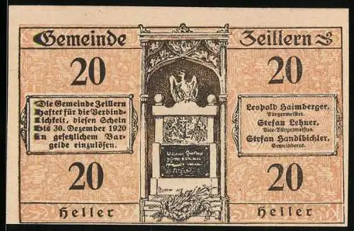 Notgeld Zeillern 1920, 20 Heller, Stadtansicht und Denkmal mit Engeln