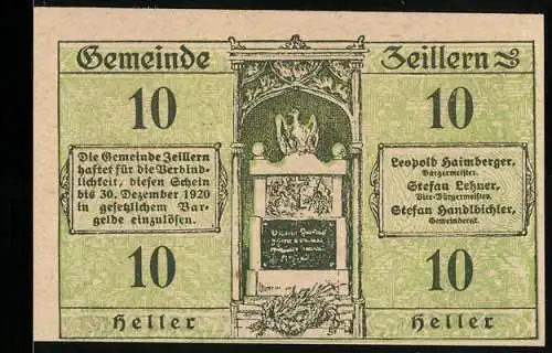 Notgeld Zeillern 1920, 10 Heller, mit Wappen und Landschaftsansicht der Gemeinde