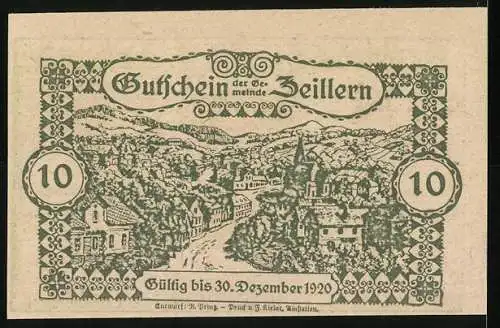 Notgeld Zeillern 1920, 10 Heller, mit Wappen und Landschaftsansicht der Gemeinde