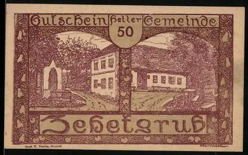 Notgeld Zehetgrub 1920, 50 Heller, ländliche Gebäude und Gedicht, gültig bis 30. Oktober 1920