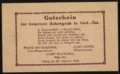 Notgeld Zehetgrub 1920, 50 Heller, ländliche Gebäude und Gedicht, gültig bis 30. Oktober 1920