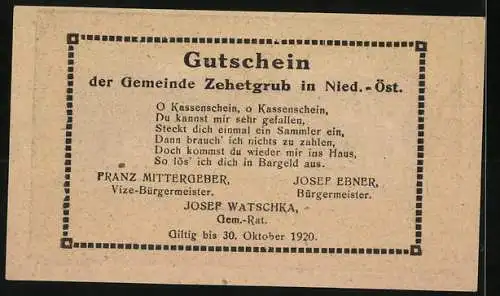 Notgeld Zehetgrub 1920, 30 Heller, Gebäude und Landschaftsmotiv