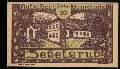 Notgeld Zehetgrub 1920, 20 Heller, Gebäude und Landschaftsmotiv, gültig bis 30. Oktober 1920