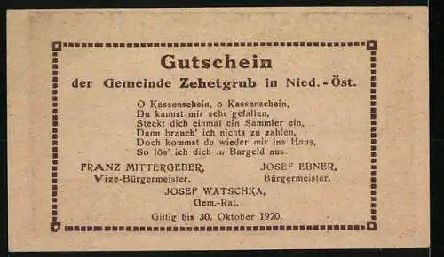 Notgeld Zehetgrub 1920, 20 Heller, Gebäude und Landschaftsmotiv, gültig bis 30. Oktober 1920