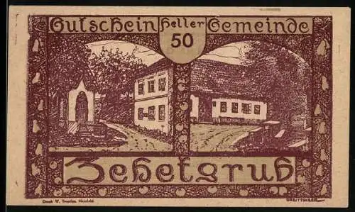 Notgeld Zehetgrub 1920, 50 Heller, Gebäudeansicht und poetischer Text, gültig bis 30. Oktober 1920