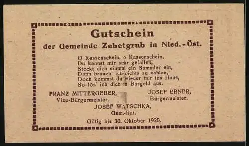 Notgeld Zehetgrub 1920, 50 Heller, Gebäudeansicht und poetischer Text, gültig bis 30. Oktober 1920