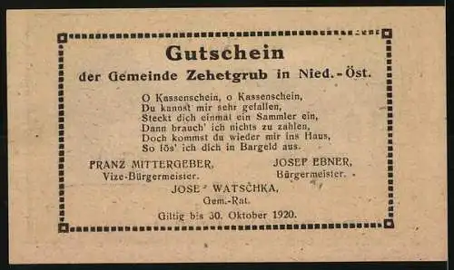 Notgeld Zehetgrub 1920, 30 Heller, ländliche Gebäude und Landschaft, Franz Mittergeber und Josef Ebner