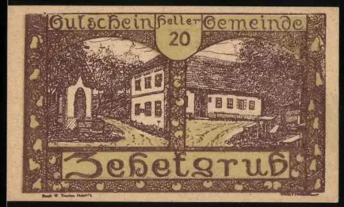 Notgeld Zehetgrub 1920, 20 Heller, Dorfansicht mit Häusern und Bäumen