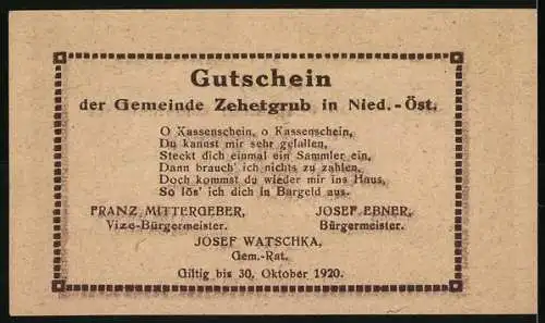 Notgeld Zehetgrub 1920, 20 Heller, Dorfansicht mit Häusern und Bäumen