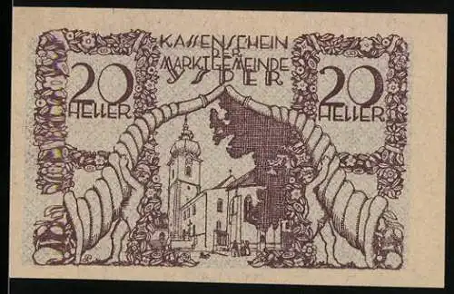 Notgeld Ysper 1920, 20 Heller, Turm und dekorative Bögen mit Ornamenten