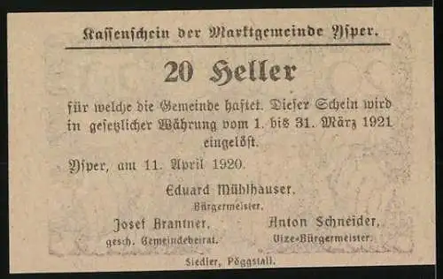 Notgeld Ysper 1920, 20 Heller, Turm und dekorative Bögen mit Ornamenten