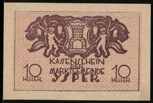 Notgeld Ysper 1920, 10 Heller, Wappen mit zwei Putten und Turm