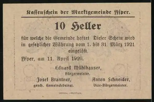 Notgeld Ysper 1920, 10 Heller, Wappen mit zwei Putten und Turm