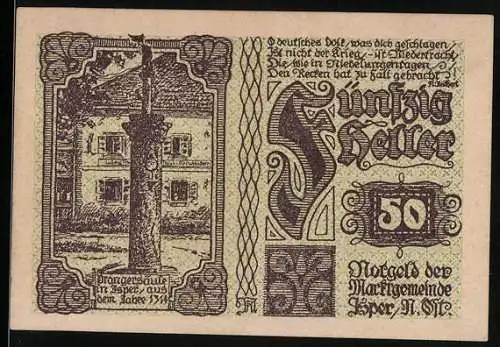 Notgeld Ysper 1920, 50 Heller, Prangersäule von Ysper aus dem Jahre 1754