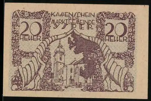 Notgeld Ysper 1920, 20 Heller, Darstellung einer Kirche zwischen zwei Füllhörnern