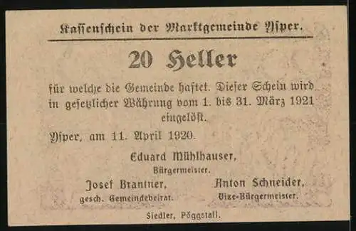 Notgeld Ysper 1920, 20 Heller, Darstellung einer Kirche zwischen zwei Füllhörnern