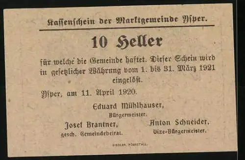 Notgeld Ysper 1920, 10 Heller, Wappen mit zwei Putten