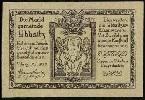 Notgeld Ybbsitz 1920, 10 Heller, Wappen mit Löwen und Schmiedeszene, Seriennummer 2799