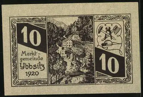 Notgeld Ybbsitz 1920, 10 Heller, Wappen mit Löwen und Schmiedeszene, Seriennummer 2799