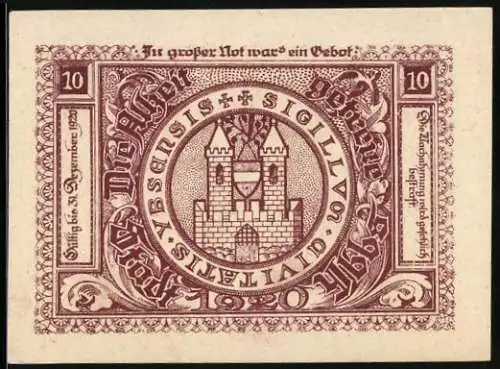 Notgeld Ybbs 1920, 10 Heller, Stadtansicht mit Kirche und Statue, Stadtwappen und Jahreszahl im Siegel