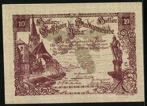 Notgeld Ybbs 1920, 10 Heller, Stadtansicht mit Kirche und Statue, Stadtwappen und Jahreszahl im Siegel