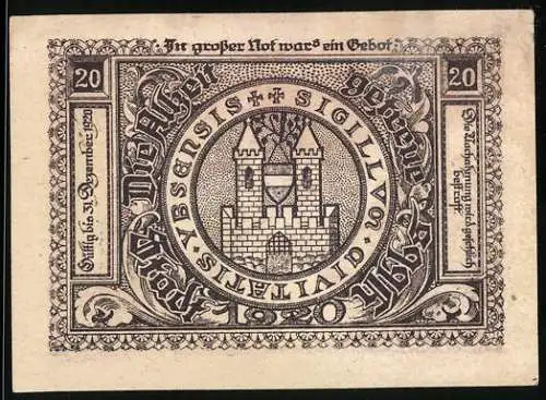 Notgeld Ybbs 1920, 20 Heller, Stadtsiegel und Stadtansicht mit Kirche und Statue